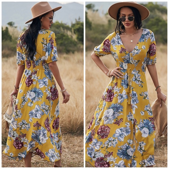 Floral print maxi dress in yellow mustard - Picture 3 of 5